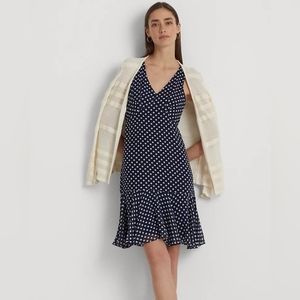 Lauren Ralph Lauren Polka Dot Sleeveless Lined Flounce Dress Navy/White Sz 12
